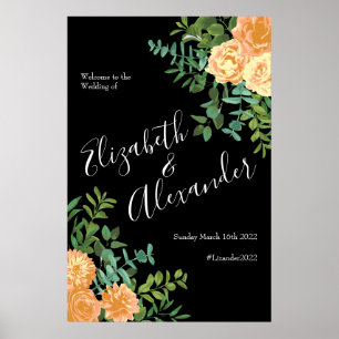 Peach Black Floral Wedding Elegant Poster
