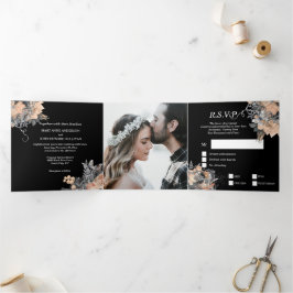 Peach Black Glitzer Schmetterling Rose DIY Foto Dreifach Gefaltete Einladung