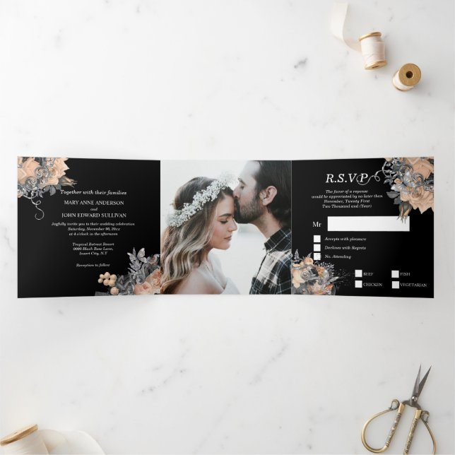 Peach Black Glitzer Schmetterling Rose DIY Foto Dreifach Gefaltete Einladung (Innenseite)