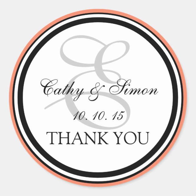 Peach Black Monogram E Wedding Vielen Dank Runder Aufkleber (Vorderseite)
