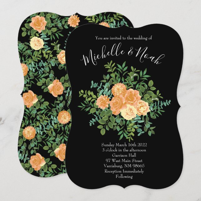Peach & Black Peony & Rose Blumenhochzeit Einladung (Vorne/Hinten)