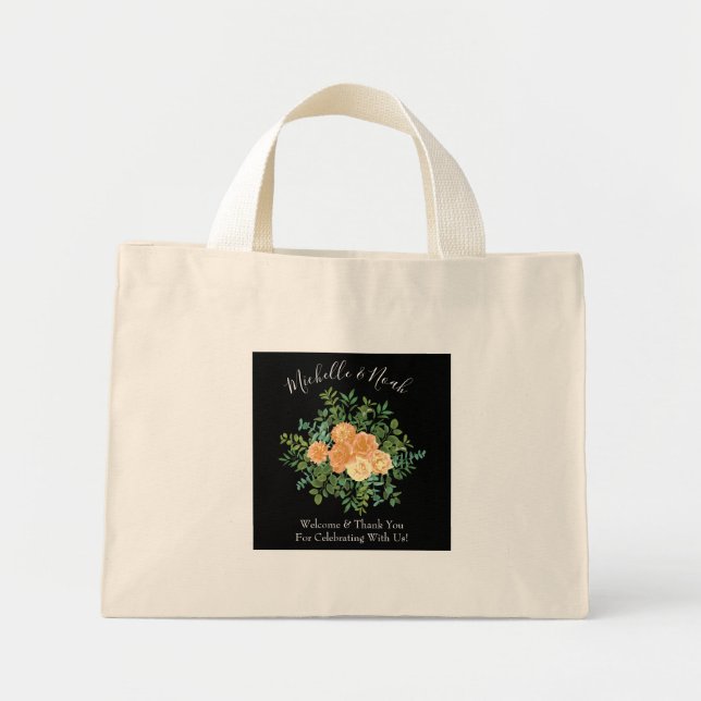 Peach Black Peony & Rose Floral Wedding Mini Stoffbeutel (Vorne)