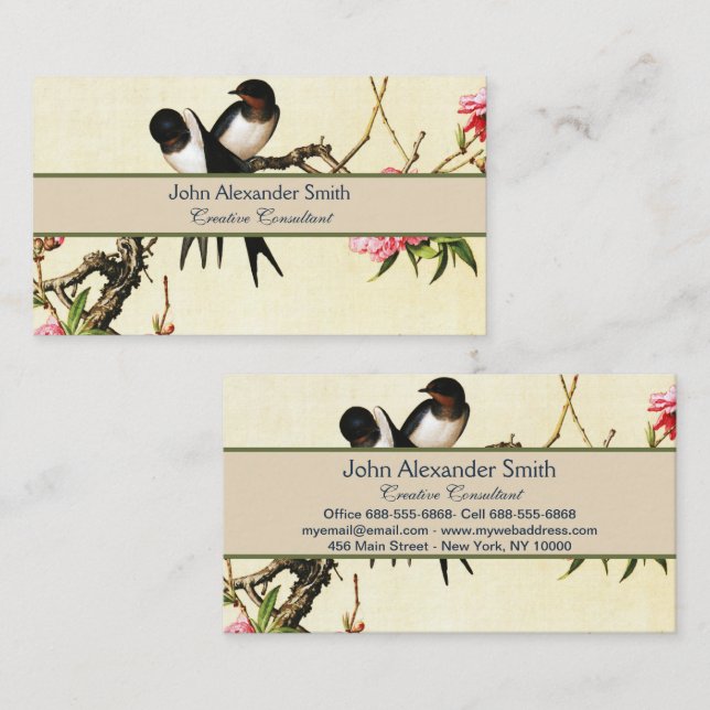 Peach Blossom & Birds Chinesische Kunst Visitenkarte (Vorne/Hinten)