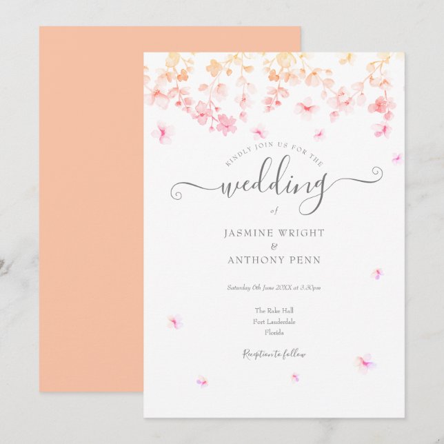 Peach Blossom Floral Wedding Einladung (Vorne/Hinten)