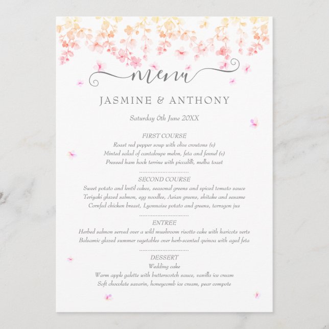 Peach Blossom Floral Wedding Menükarte (Vorderseite)