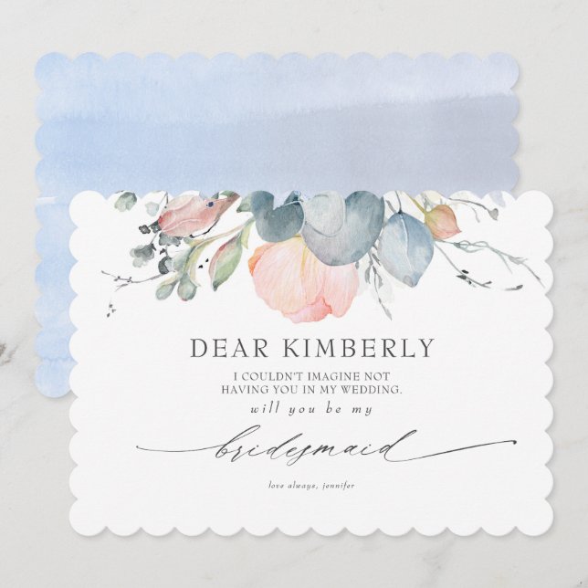 Peach Blossoms Dusty Blue My Bridesmaid Vorschlag Einladung (Vorne/Hinten)