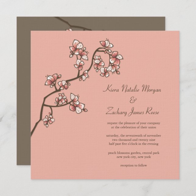Peach Blossoms Sakura Mariage chinois Invitation (Devant / Derrière)