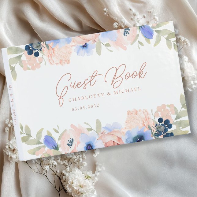 Peach Blue Blush Wedding Gästebuch (Peach Blue Blush Wedding Guest Book with your name and date.)