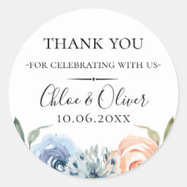 Peach Blue Botanical Floral Gastgeschenk Hochzeit Runder Aufkleber