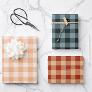 Peach Blue Brown Checkered Gingham Pattern Geschenkpapier Set
