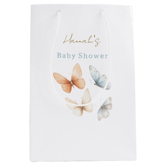 Peach Blue Butterflies Baby Shower Mittlere Geschenktüte (Vorderseite)