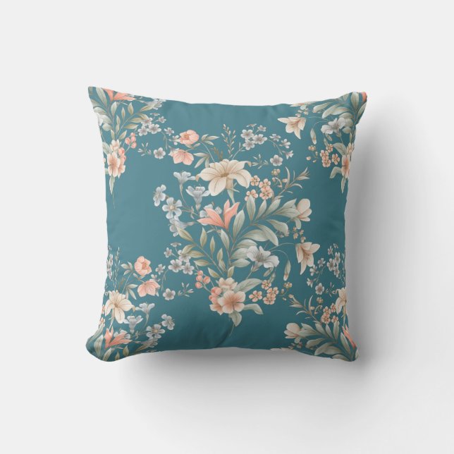 Peach, Blue, Cream Giant Bouquet auf Aquamarin Kissen (Vorderseite)