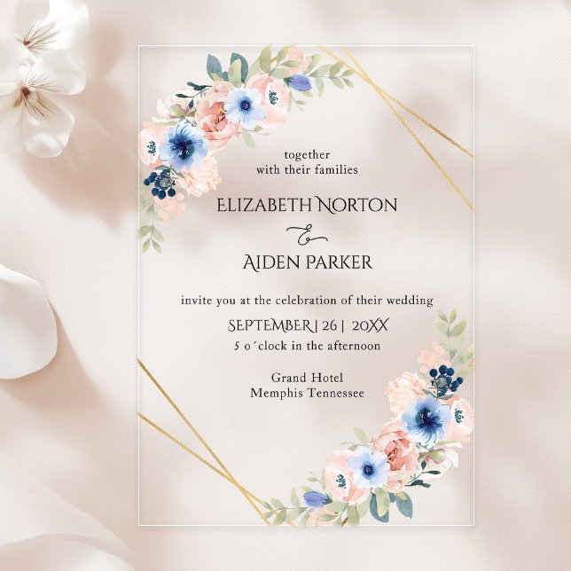 Peach, Blue, Floral Wedding Collection Acryleinladungen (Peach, Blue, Floral Wedding Collection Acrylic Invitations)