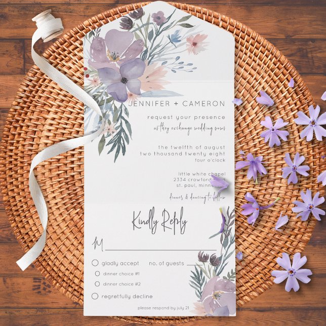 Peach Blue & Lavender Boho Floral White Dinner All In One Einladung (Von Creator hochgeladen)