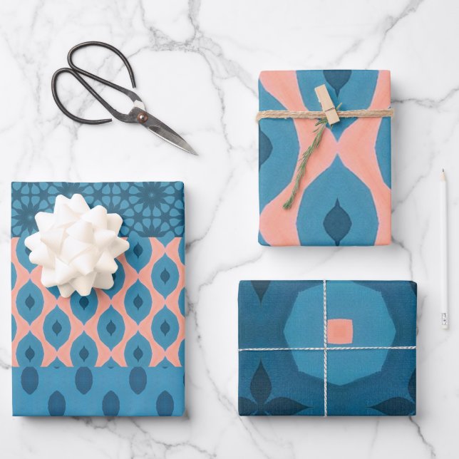 Peach Blue Turquoise Art Deko Design Geschenkpapier Set (Vorderseite)