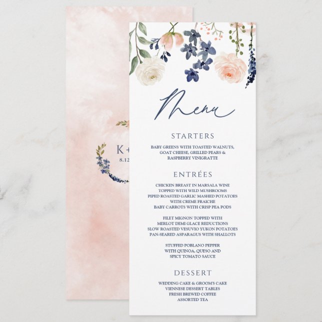 Peach & Blue Wedding Wildblume Botanisches Flora Menükarte (Vorne/Hinten)