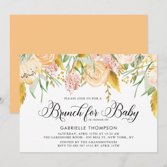 Peach Blume and Gold Blätter Baby Shower Brunch Einladung (Vorne/Hinten)