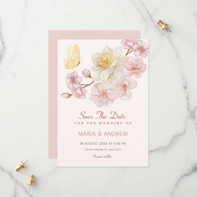 Peach Blume blühen Hochzeit Save The Date (Vorderseite/Rückseite Beispiel)