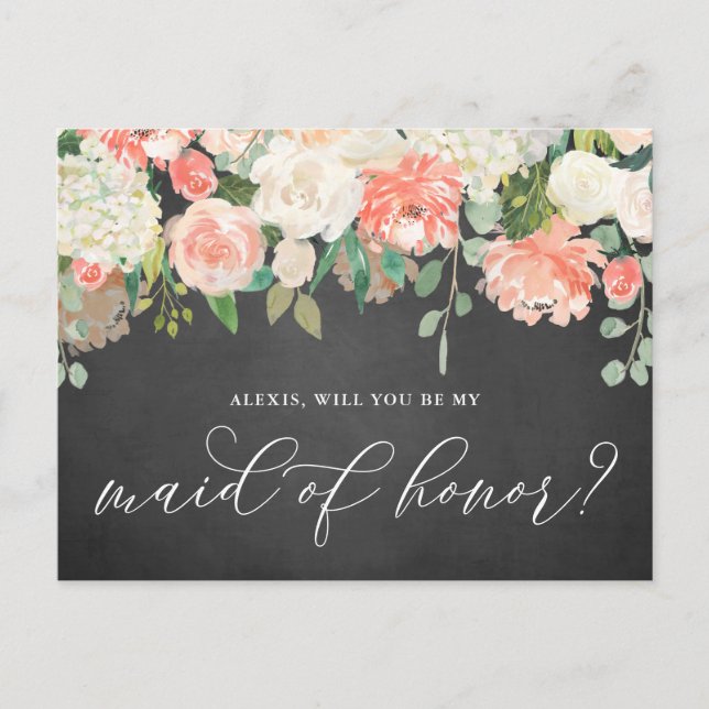 Peach Blume Chalkboard Sei meine Trauzeugin Postkarte (Vorderseite)
