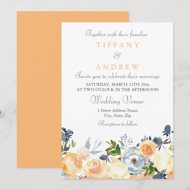 Peach Blume Elegante Einladung zur Hochzeit (Vorne/Hinten)