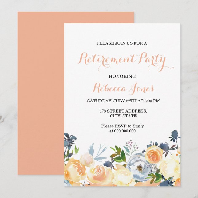 Peach Blume Elegante Party Einladung für das Ruhes (Vorne/Hinten)