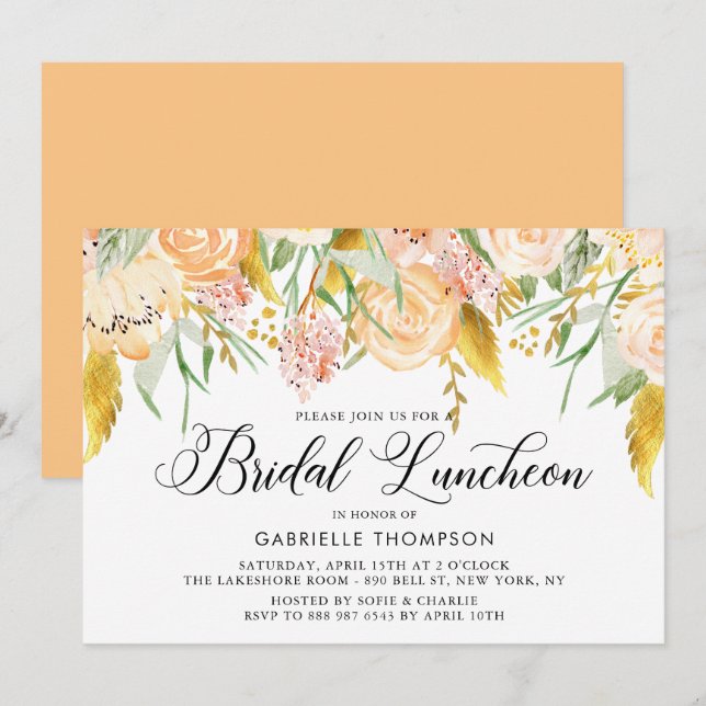 Peach Blume Gold Blätter Bridal Luncheon Einladung (Vorne/Hinten)