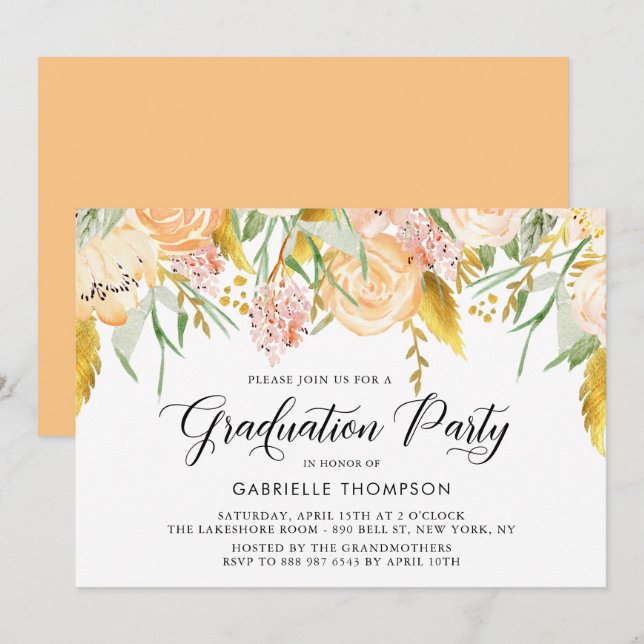 Peach Blume & Gold Blätter Graduierungsparty Einladung (Vorne/Hinten)
