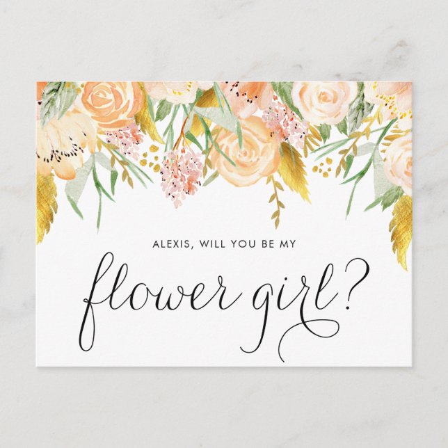 Peach Blume Gold Foil Du wirst mein Blumenmädchen Einladungspostkarte (Vorderseite)