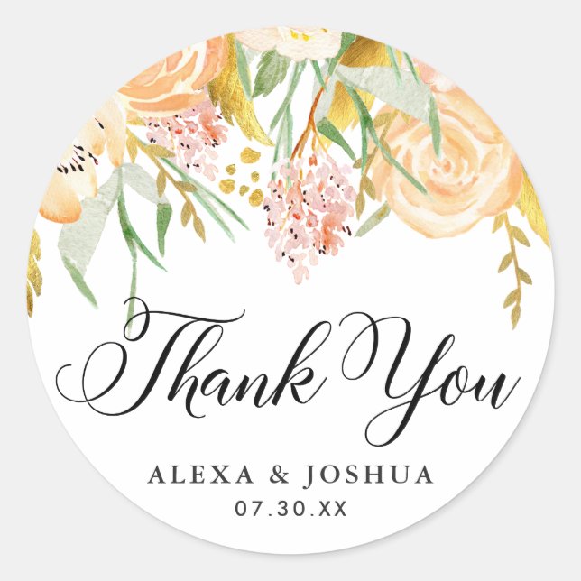 Peach Blume Gold Foil Foliage Hochzeit Vielen Dank Runder Aufkleber (Vorderseite)