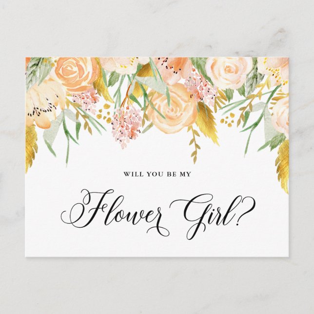 Peach Blume Gold wird Blume Girl Card sein Einladungspostkarte (Vorderseite)