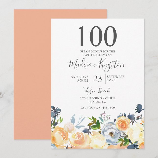 Peach Blume Hübsch 100. Geburtstagsparty Einladung (Vorne/Hinten)