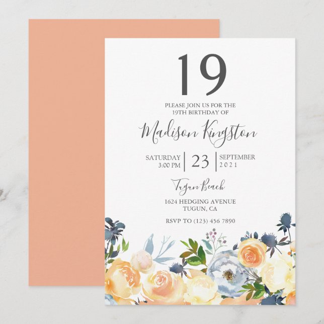 Peach Blume Hübsch 19. Geburtstagsparty Einladung (Vorne/Hinten)