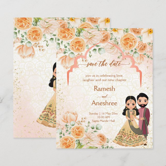 Peach Blume Indianerpaar Save the Date (Vorne/Hinten)