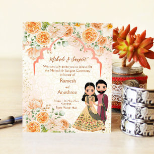 Peach Blume indische Paar mehndi sangeet einladen