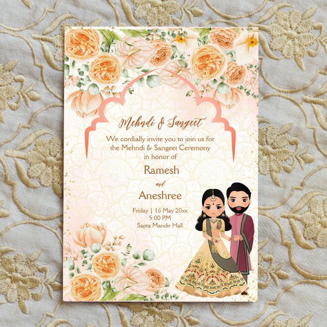 Peach Blume indische Paar mehndi sangeet einladen Einladung (Von Creator hochgeladen)