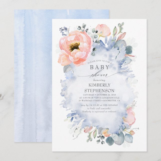 Peach Blume Moderne Blue Babydusche Einladung (Vorne/Hinten)