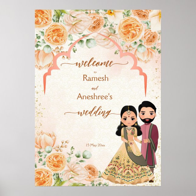 Peach Blume niedliches indisches Brautpaar Empfang Poster (Vorne)