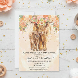 Peach Blumen Highland Kuh Baby Shower  Einladung