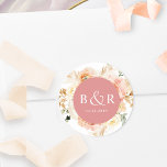 Peach Blush and Coral Wedding Envelope / Gefallen Runder Aufkleber<br><div class="desc">Eleganter mit Monogramm Hochzeitsaufkleber oder Gaumenaufkleber mit herrlichen Aquarelltönen, in einer schönen Mischung aus Pfirsich, Orange, Rosa, Rosa, Korallen, Creme und Champagner. Mitte in Koralle mit Initialen und zweite Textzeile in Weiß. Zwei Größen und mehrere Formoptionen zur Auswahl. Die untere Textzeile kann für das Veranstaltungsdatum, das Löschen oder für den...</div>