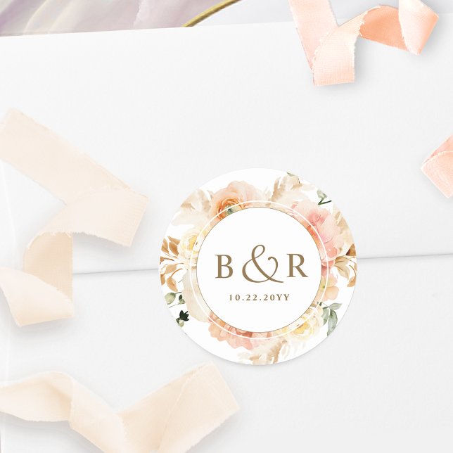 Peach, Blush and Gold Wedding Envelope / Gefallen Runder Aufkleber (Von Creator hochgeladen)