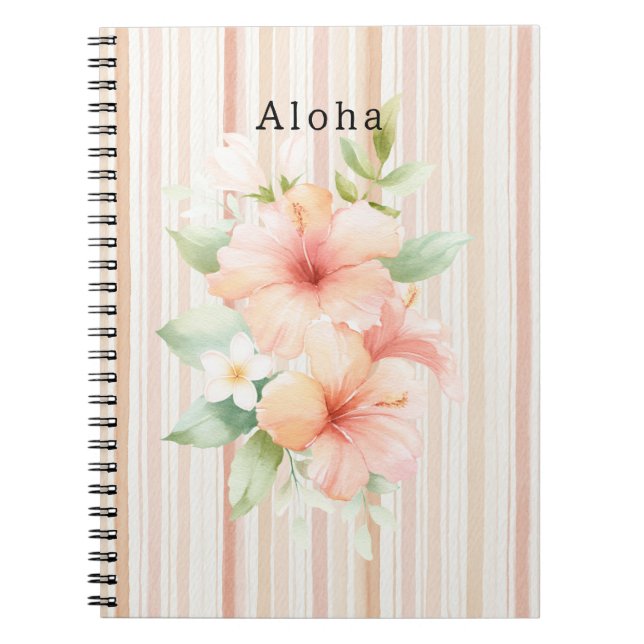 Peach Blush Cream Stripes Tropical Hibiscus Floral Notizblock (Vorderseite)