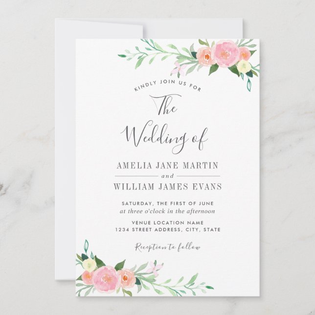 Peach Blush Floral Aquarelle Faire-part de mariage (Devant)
