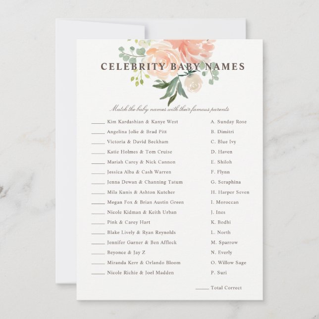 Peach Blush Floral Celebrity Baby Name Game Einladung (Vorderseite)