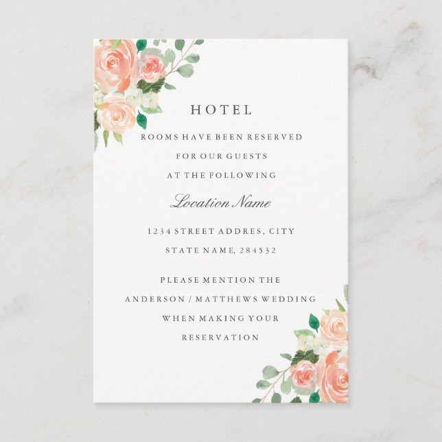 Peach Blush Floral Wedding Hotel Unterkunft Begleitkarte (Vorderseite)