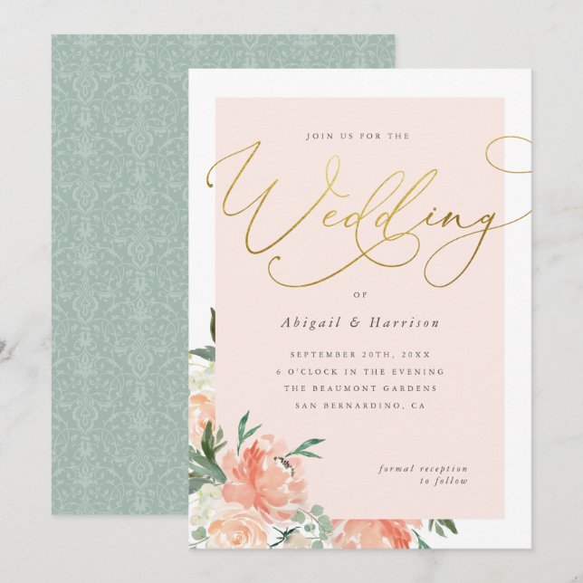 Peach Blush & Gold Script Blumenhochzeit Einladung (Vorne/Hinten)