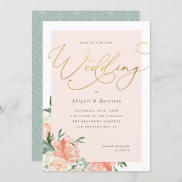 Peach Blush & Gold Script Blumenhochzeit Einladung