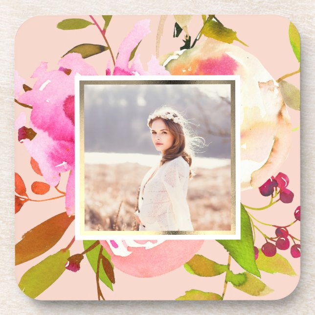 Peach Blush mit Watercolor Floral Foto Getränkeuntersetzer (Vorderseite)