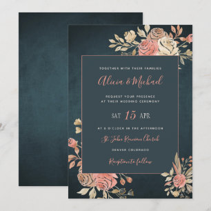 Peach Blush Moody Floral Dark Navy Blue Hochzeit Einladung
