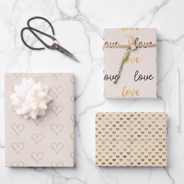 Peach Blush Ombre Gold Glitzy Herz Geschenkpapier Set (Vorderseite)