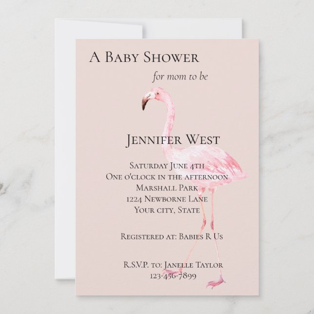 Peach Blush Pink Flamingo Baby Dusche Einladung (Rückseite)